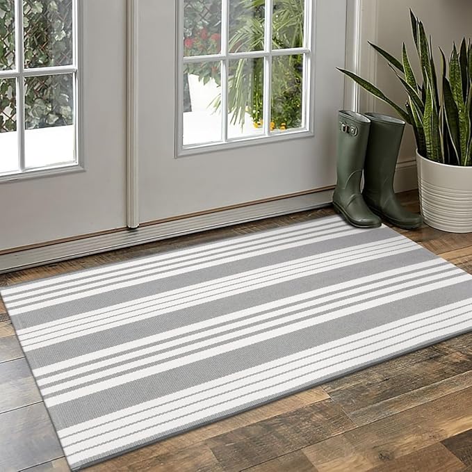 OJIA Christmas Front Door Rug 24''x51'' Gray and White Striped Outdoor Rug Machine Washable Porch Rug Front Door Mat Outdoor Indoor Area Rugs Cotton Woven Entry Mat for Home Entrance/Farmhouse