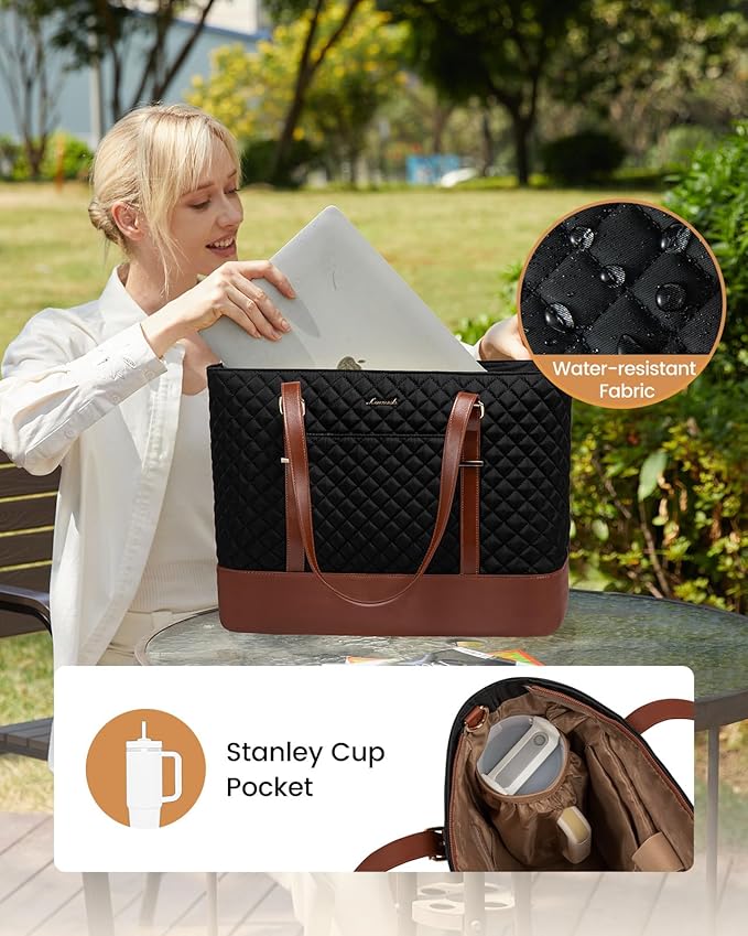 LOVEVOOK Laptop Bag for Women, 17.3 Inch Work Tote Computer Bag With Large Cup Holder & Adjustable Strap, Lightweight Large Laptop Briefcase for Travel, Bussiness, Teacher