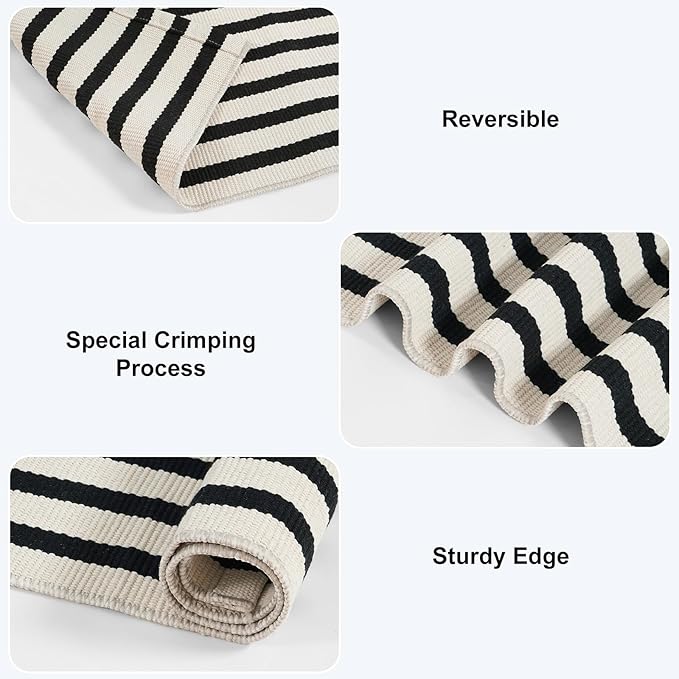 Collive Black and White Striped Door Mat 24"x35", Cotton Hand Woven Welcome Entryway Rug, Washable Small Christmas Porch Decor, Christmas Welcome Mat for Indoor Outdoor Kitchen Farmhouse Entrance