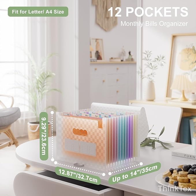 ThinkTex Accordion File Organizer, 12 - Pocket Expanding File Folders for Paper Receipts, Bills&Taxes Organizer, Letter/A4 Size Document Holder for School, Office, Home with Colorful tabs-Orange