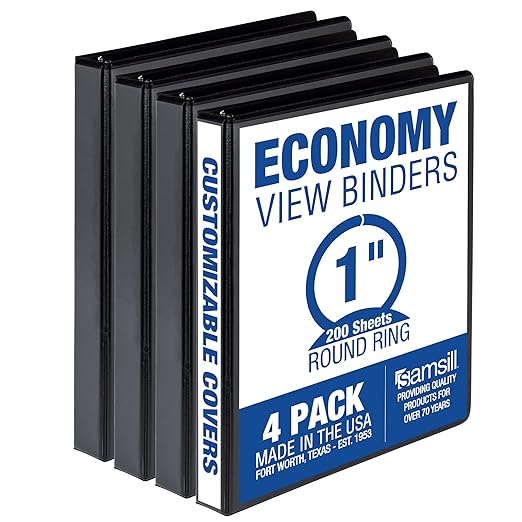 Samsill 1 Inch 3 Ring Binders, Made in USA, Economy Round Ring, Clear View Cover, 200 Sheet Capacity - for School, Home, Office - Black, 4 Pack