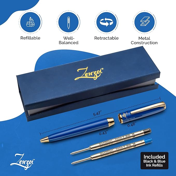 ZenZoi Blue Ballpoint Pen - Premium Writing Instrument for Men or Women With Gold Trim, Smooth Writing Schmidt Ink Refills, Luxury Gift Set, High-End, Retractable, Professional for Journaling