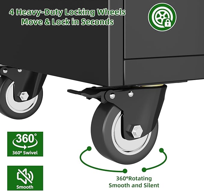 Aobabo Garage Storage Cabinet with Wheels, Metal Tool Storage Cabinet with 2 Drawers for Garage Home,Assembly Required,Black