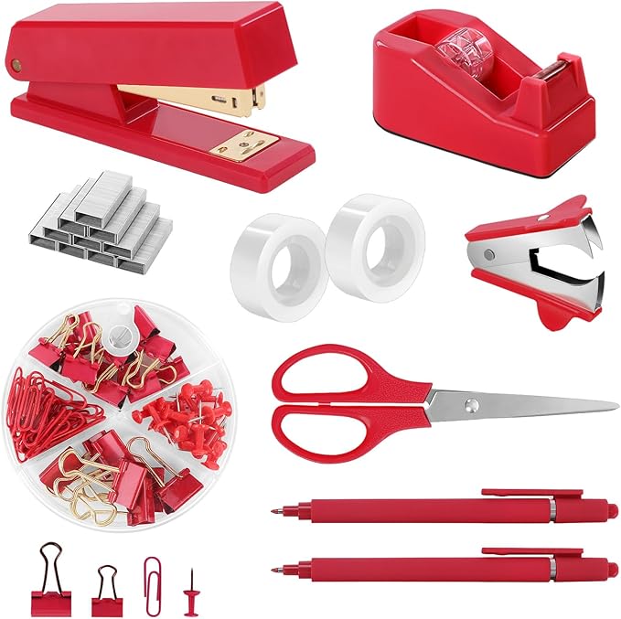 SKYDUE Red Office Supplies Set, Desk Accessories, Stapler, Tape Dispenser, Scissors, Binder/Paper Clips and 1000pcs Staples, Office Decor for Women