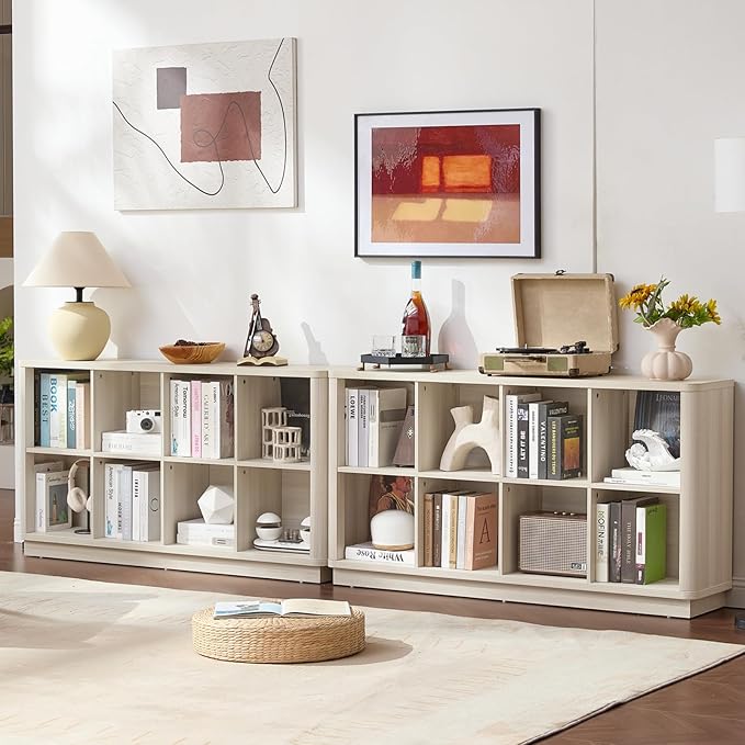 8 Cube Storage Bookcase, 52" Long Horizontal Book Shelf w/Curved Edge, Wooden Floor Standing 2-Tier Cubby Console Bookshelf with Base, Modern Low TV Stand for Living Room, White Cream Oak