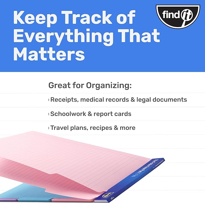 Find It File Folder Notepad - Pack of 12-9.5 x 12.5 Inch Notebook Organizer Folders for Filing, Document, and Clipboard Organization - Pastel
