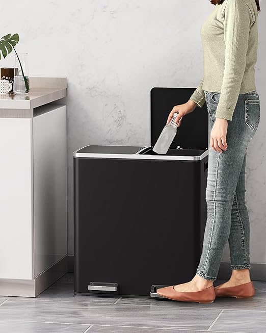 AthLike 60L(16 Gal) Dual Trash Can, Stainless Steel Kitchen Garbage Can, Double Compartment Classified Rubbish Bin, Recycle Dustbin w/Plastic Inner Buckets, Soft-Close Lid, Airtight, Black
