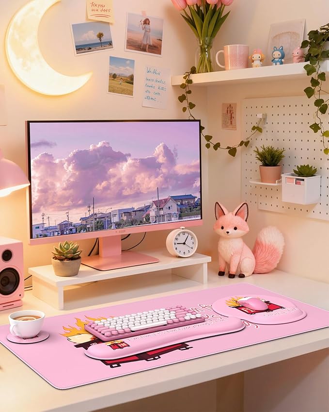 HAOCOO Ergonomic Mouse Pad with Wrist Support, 4-in-1 Cute Desk Mat with Non-Slip Base, Pink Laptop Pad, Keyboard Wrist Rest, Cute Coaster, Easy Typing Pain Relief Mousepad for Office, Home, School