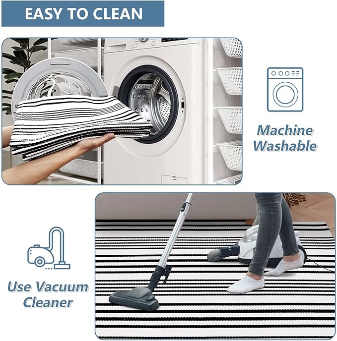 OJIA Front Door Rugs Indoor 27.5x43 Inches, Black and White Striped Outdoor Rugs Porch Rug Cotton Woven Entryway Rug Machine Washable Door Mats for Porch/Farmhouse/Kitchen