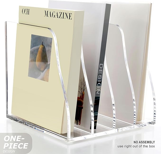 SANRUI Acrylic Desk File Organizer, 4 Vertical Compartments Clear Magazine File Holder Workspace Sorters, Folder Rack for Office Accessories Organization Storage