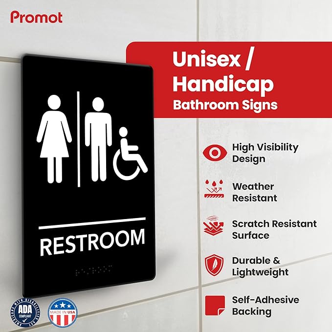 Promot Unisex Handicap Bathroom Sign – ADA Braille Restroom Sign for Business, Self-Adhesive, 9" x 6", Commercial Door Signage, Office Wall Decor - Black