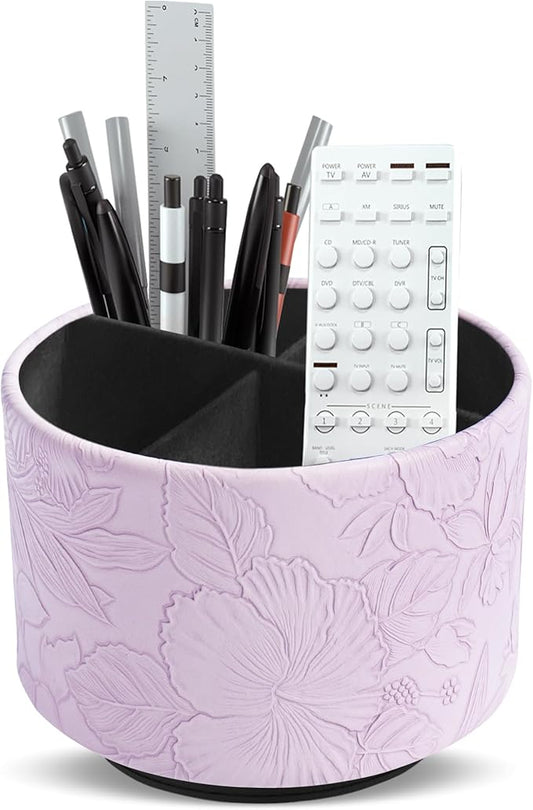 Hennaja Round Leather Art Supply Organizer,Remote Control Holder,360 Degree Spinning,Multi-Functional Pencil Holder,4 Compartments Desktop Stationary Organizer(1-Carved Purple)