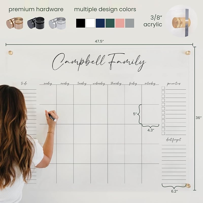 Personalized Clear Acrylic Calendar for Wall, Calendar Whiteboard for Wall, Dry Erase Wall Calendar, Wall Calendar Organizer System for Home (Cursive, Blush, 47.5"W x 36"H)