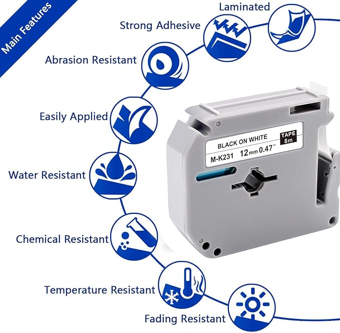 8-Pack MK231 M-K231 Label Tape Replace for Brother P Touch M Tape M-K231S M231 MK231 M-231 12mm 0.47 Inch for Brother PTouch PT-M95 PT-65 PT-80 PT-70 PT-45 PT-90 Label Makers