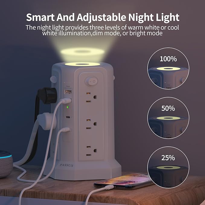 Long Surge Protector Power Strip 16 FT Cord, PD20W USB C Power Strip Tower with Night Light, Extension Cord with Multiple Outlets with 4 USB Ports, PASSUS Charging Station Home Office Essentials White