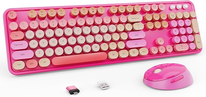 Wireless Keyboard and Mouse Combo, Retro Typewriter Keyboard with Round Keycaps, Full-Size Ergonomic, Red, Ideal for Windows PC, Home, Office, and College, Wireless Keyboard Mouse Combo