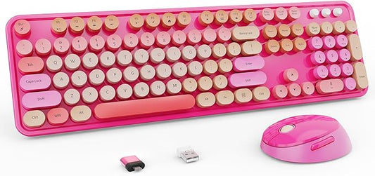 Wireless Keyboard and Mouse Combo, Retro Typewriter Keyboard with Round Keycaps, Full-Size Ergonomic, Red, Ideal for Windows PC, Home, Office, and College, Wireless Keyboard Mouse Combo