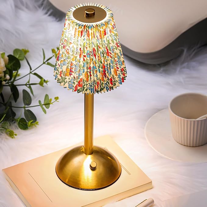 Liliful 2 Pcs LED Portable Cordless Table Lamp Touch Battery Operated Rechargeable Gold Desk Lamp 3 Color Dimmable for Bedroom Living Room Dining (Gold,Floral Style)
