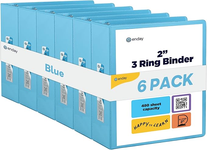 3 Slant D-Ring Binder 2 Inch Binder Blue, 2 in Clear View Cover w/ 2 Inside Pockets, Heavy Duty Colored School Supplies Binders Also Available in Grey, Pink, Red, Green, Purple (6 PC)–by Enday