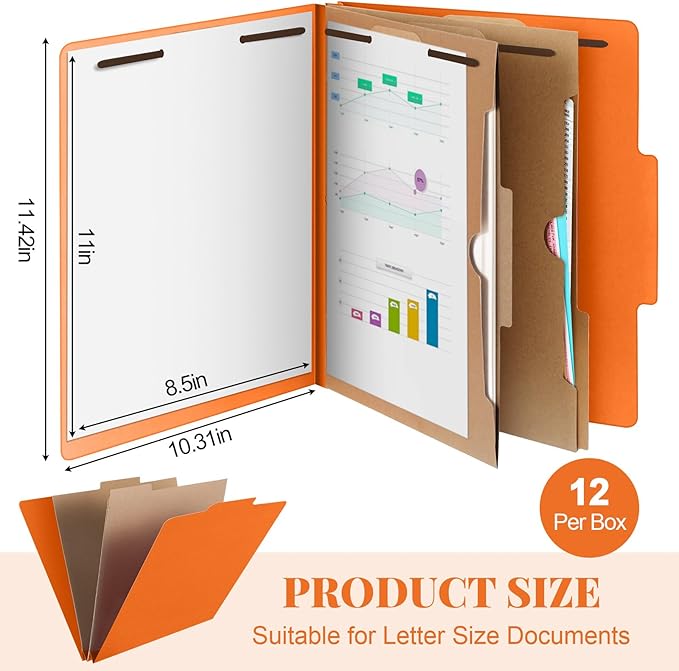 Skyygemm 12 Pcs Classification Folders Letter Size, 2 Pocket Dividers Pressboard File Folder with Fasteners, Expanding File Organizer Bulk for Teachers, Clergy, Office, Church, Christmas (Orange)