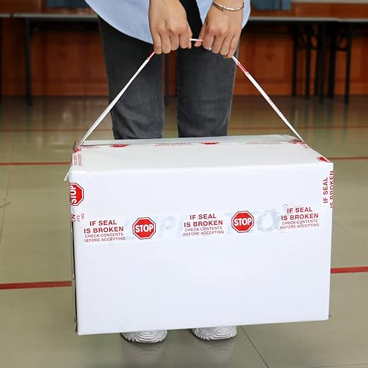 Stop Sign Sealing Tape Pre-Printed IF Seal is Broken,Check Contents Before Accepting,Heavy Duty Packing Tape with Dispenser 2 Inch x 110 Yards,Packaging Tape for Moving and Shipping (White)