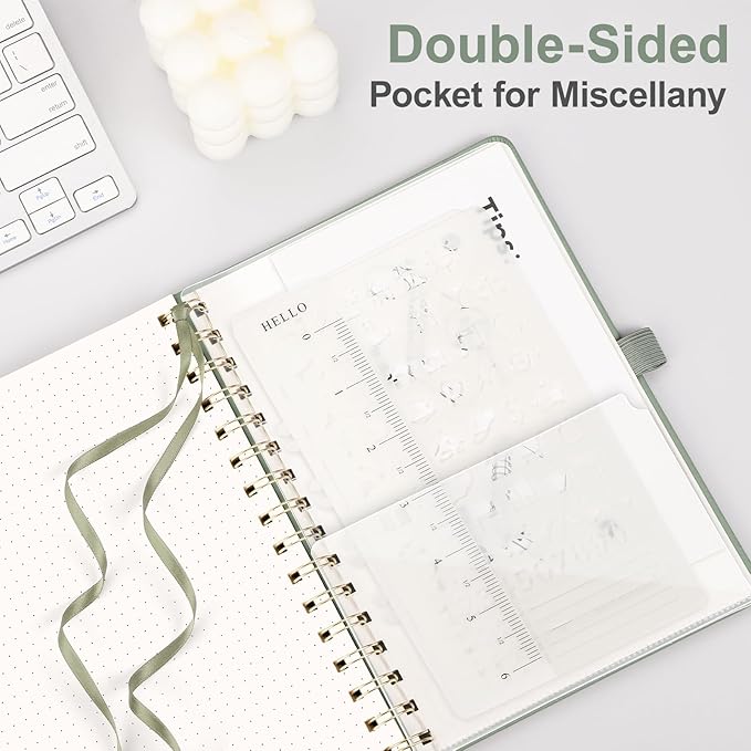 AHGXG Bullet Dotted Journal Spiral Notebook, Hardcover Leather Dotted Notebook 140 Pages, A5 Dot Grid Paper Notebook, 100 gsm Thick Paper, for Bullet Journaling, 5.7" x 8.3", Sage Green