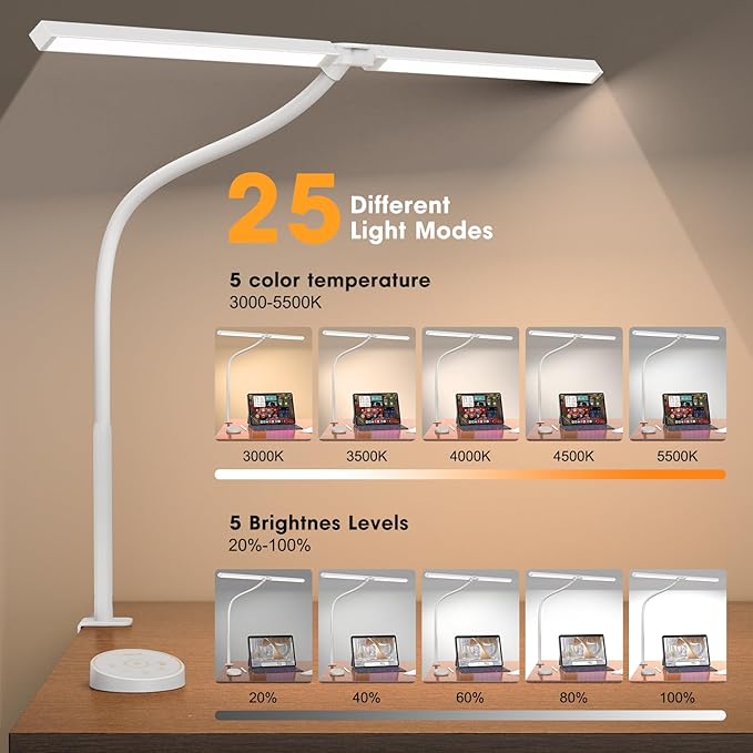 Led Desk Lamp for Office Home - Eye Caring Architect lamp with Clamp,Dual Screen Computer Monitor Gooseneck Smart Light: 24W 5 Color Flexible Adjustable Lighting Table Lamp for Study White