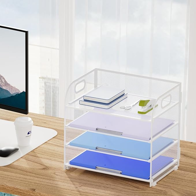 Marbrasse 4 Tier Paper Organizer Letter Tray, Mesh Desk File Organizer with Handle, Paper Sorter Organizer for Letter /A4 Office File Folder Holder（White, 12.6" x 9.1" x 10.7"）