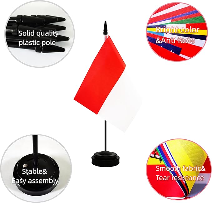 2 Pack Indonesia Desk Flag, Indonesian Table Office Flag with Solid Pole and Stand Base, International Country Flag, Festival Celebration, Classroom Meeting Desktop Decoration (Indonesia)