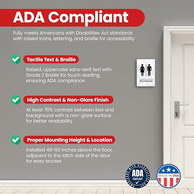 Promot Unisex Bathroom Sign – ADA Braille Restroom Sign for Business, Self-Adhesive, 9" x 6", Commercial Door Signage, Office Wall Decor - Marble White