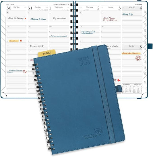 POPRUN Planner 2025-2026 (Medium - 6.5'' x 8.5'') Academic Weekly Calendar (July 2025 - June 2026) with Hourly Time Slots, Monthly Tabs, 100GSM Thick Papers, Spiral Leather Cover - Night Sky Blue