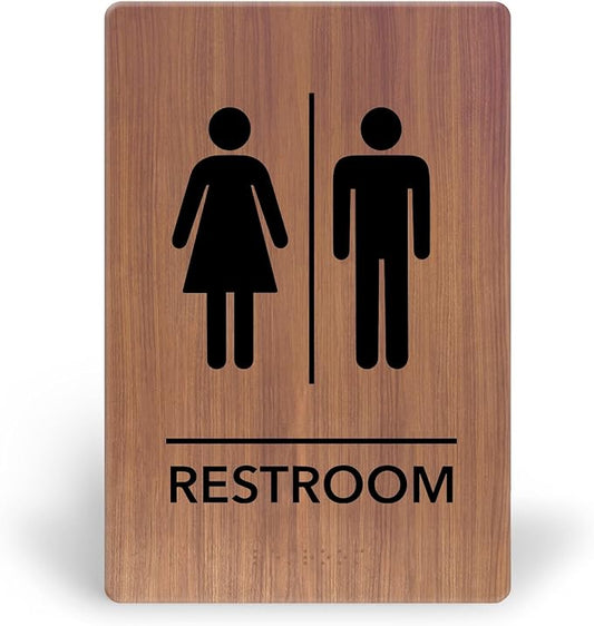 Promot Unisex Bathroom Sign – ADA Braille Restroom Sign for Business, Self-Adhesive, 9" x 6", Commercial Door Signage, Office Wall Decor - Chestnut