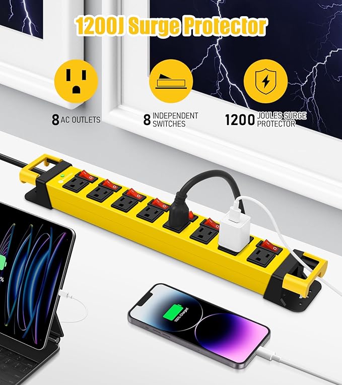 Heavy Duty Power Strip with Individual Switches,8 Outlets 14 Gauge Industrial Shop Garage Metal Multiple Outlets,1200J Surge Protector Mountable Power Strip (Yellow, 25 FT)