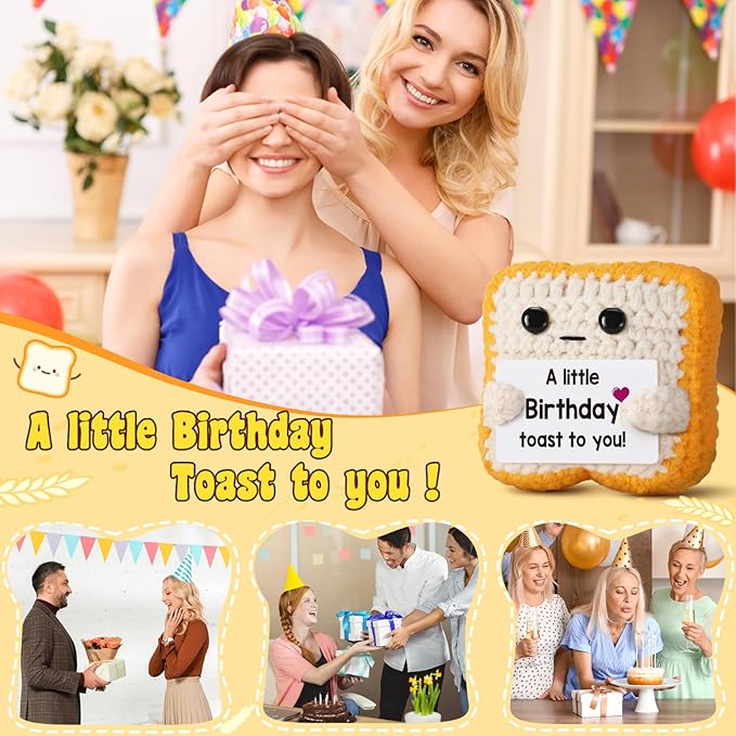 A little Birthday Toast to you - Funny Happy Birthday Gifts for Women, Men, Mom, Dad, Girls, Boys - Unique Crochet Toast Gift Card - Cute Keepsake & Desk Decor Alternative for Her, Him, Best Friend