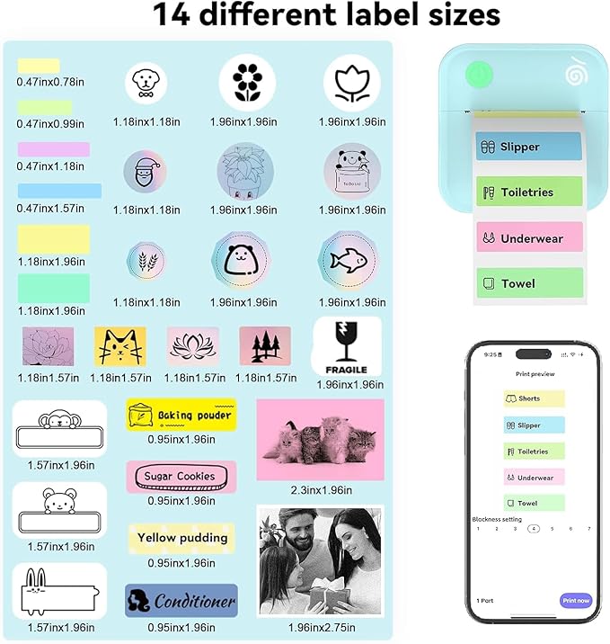 Upgraded Bluetooth Label Maker Machine - Portable Mini Thermal Sticker Printer Supports 14 Different Label Sizes with 300 DPI Inkless Tech Suitable for Home,Office,School Storage and Signage (Blue)