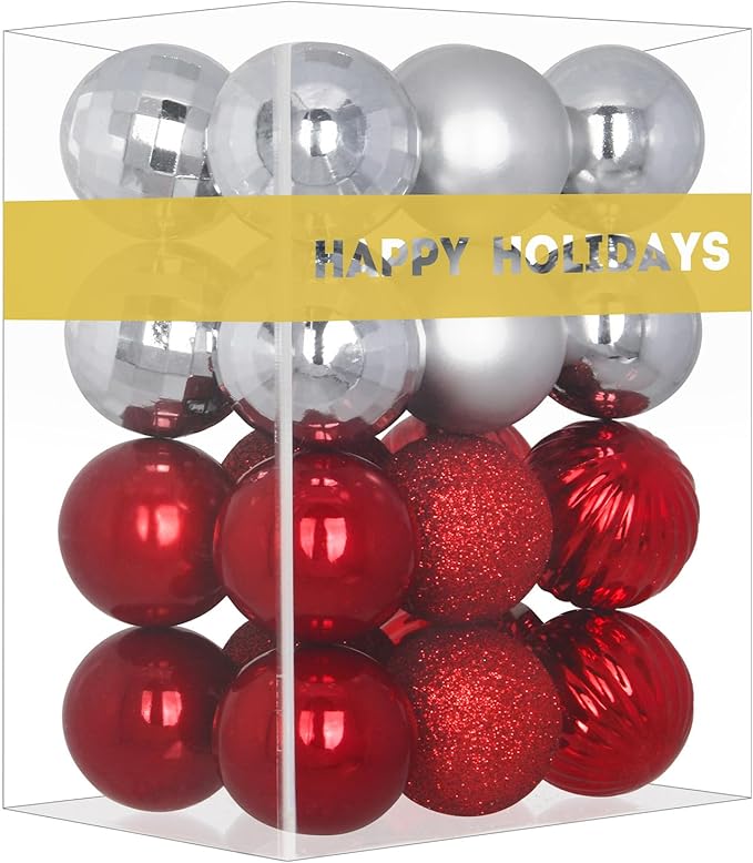 GameXcel 24Pcs Christmas Balls Ornaments for Xmas Tree - Shatterproof Christmas Tree Decorations Medium Hanging Ball Silver & Red 2.5 Inch x 24 Pack