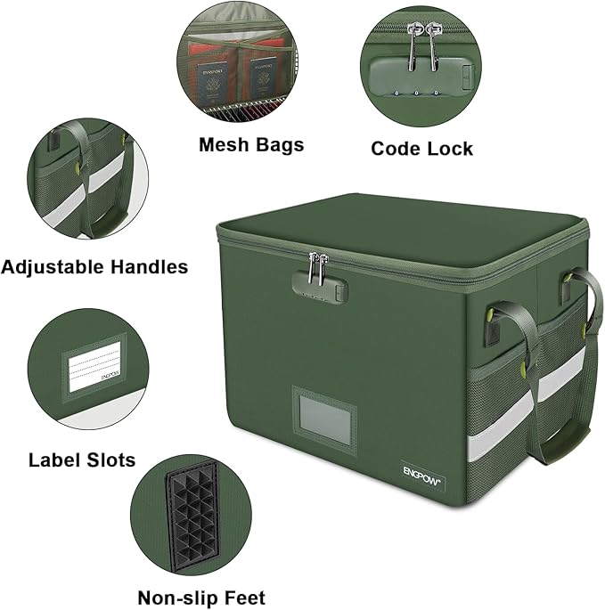 ENGPOW File Box with Lock, Fireproof Document Box with Pockets, Collapsible File Organizer Filing Storage Cabinet with Handle, Portable Home Office Safe for Hanging Letter/Legal Folders,Green,2 Pack