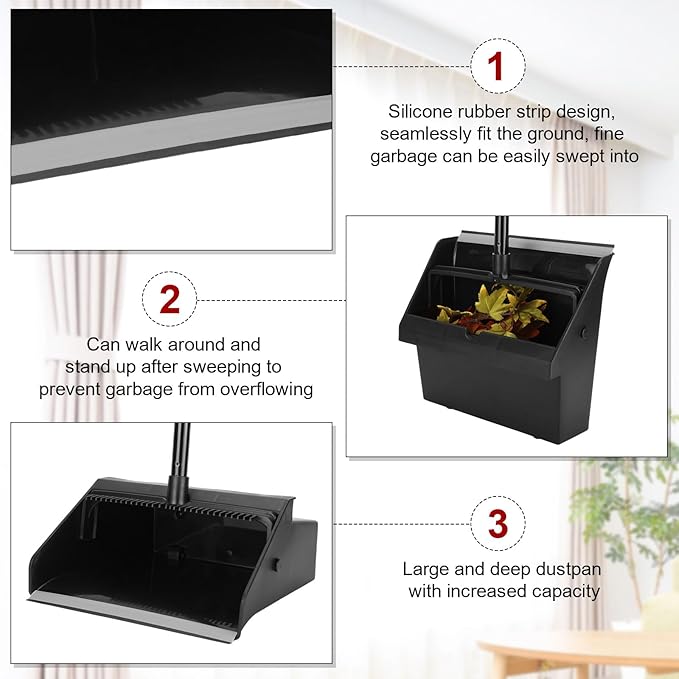 Leumoi 8 Pcs Dust Pans with Long Handle Set 36.6 Inch Commercial Dust Pan with Comb Large Plastic Stand up DustPans for Outdoor Indoor Restaurant Home Office Floor Cleaning (Black)