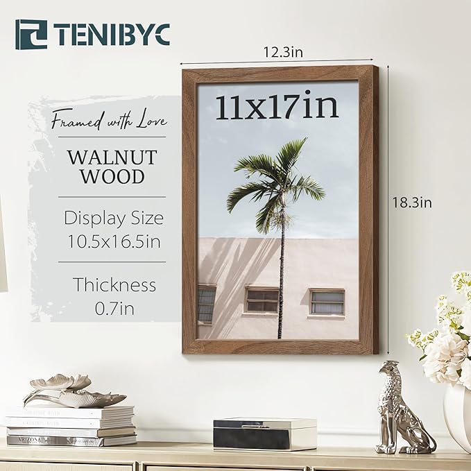 11x17 Walnut Poster Frame 3 Pack with HD Glass - Natural Brown, Solid Wood Picture Frame, Wall Gallery Frame