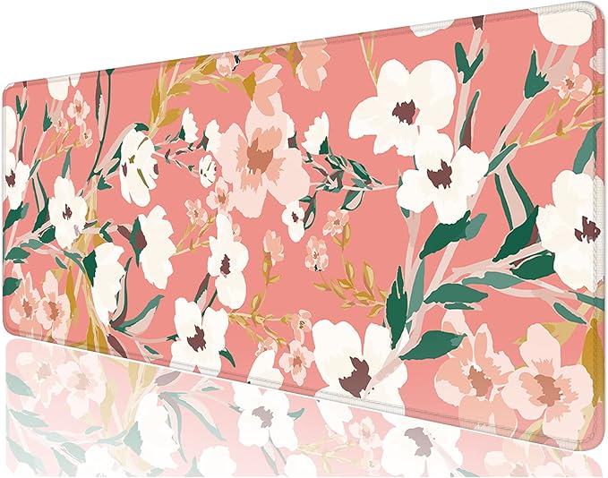 Desk Mat, 32" x 12" XXL Extended Large Gaming Mouse Pad, Desktop Decor Desk Pad, Cute Men Women Office Supplies and Accessories, XL Mouse Mat for Laptop & Keyboard, Pink White Flowers