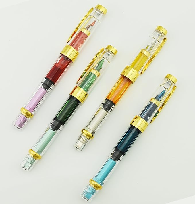 Lanxivi 4 PCS Yongsheng 3008 Piston Fountain Pen Fine Nib Transparent Diversity Color Gold Trim Set