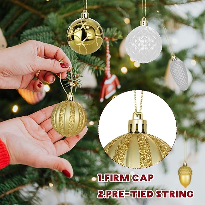 LARAINE Christmas Balls Ornaments 106 Pcs Decorations for Christmas Tree, Shatterproof Hanging Ball Variety Gift Set of Holiday Party Wedding Decoration (Gold&White)
