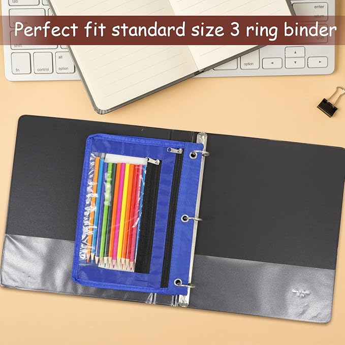 YoeeJob 1 Pack Pencil Pouch for 3 Ring Binder, Expandable Binder Pouches with Zipper, Large Capacity Pen Holder Case with Clear Window School Class Office Organizers, Blue