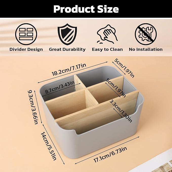 Segarty Gray Desk Storage Organizer, Detachable Divided Bamboo Remote Control Holder Caddy, Desktop Pen Pencil Holder Container Box for Office Supplies Home Bedside Table