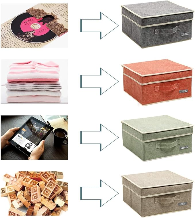 YueYue Small 4 Pack Fabric Stroage Box with Lids, Linen Foldable Stroage Box with lids 4 Color Set 12.4in/12in/6.7in