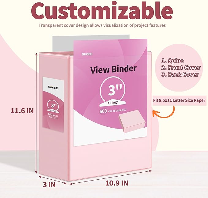 SUNEE 3 Ring Binder 3 Inch 4 Pack, 3" Clear View Binder Three Ring PVC-Free (Fit 8.5x11 Inches) for School or Office Supplies, Assorted Pastel