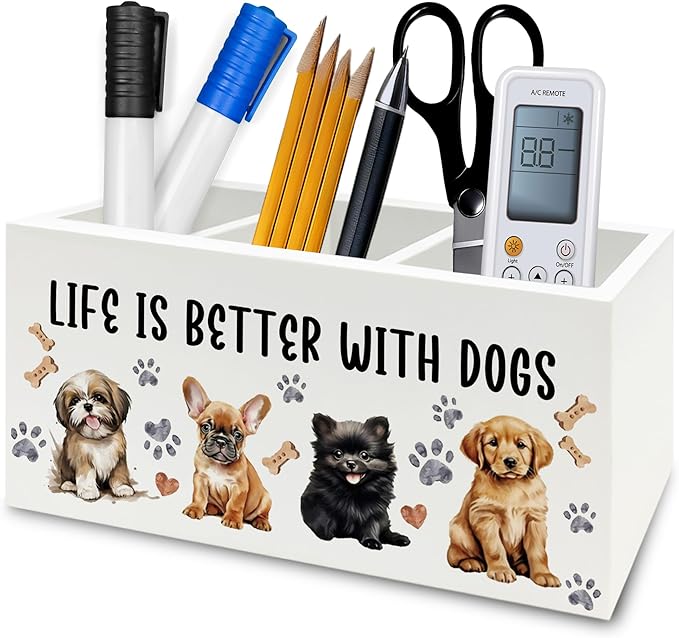 Dog Pen Pencil Holder Organizer for Desk, Dog Lovers Mom Gifts for Women, Life Is Better with Dogs Wooden Box Signs Decorations for Home Office Desk Tabletop, Gifts for Pet Lovers