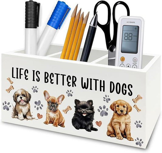 Dog Pen Pencil Holder Organizer for Desk, Dog Lovers Mom Gifts for Women, Life Is Better with Dogs Wooden Box Signs Decorations for Home Office Desk Tabletop, Gifts for Pet Lovers