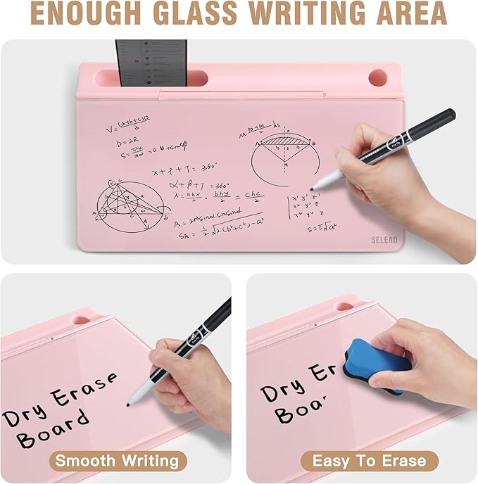 SELEAD Desktop Glass Whiteboard with Storage, Small Dry Erase White Board Computer Pad Keyboard Stand for Home, School, Office Desk Accessories - Pink
