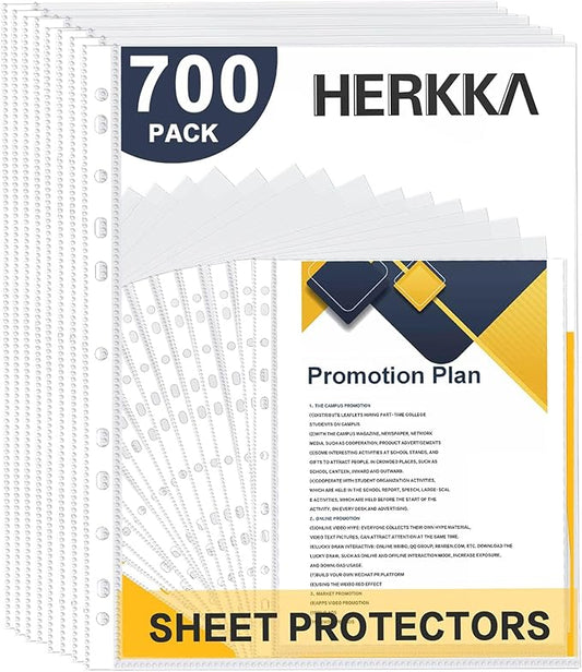 Sheet Protectors, HERKKA 700 Pack Heavy Duty Clear Plastic Page Protectors Sheet Reinforced 11-Hole Fit for 3 Ring Binder Fits Standard 8.5 x 11 Paper, 9.25 x 11.25 Top Loaded, Acid Free
